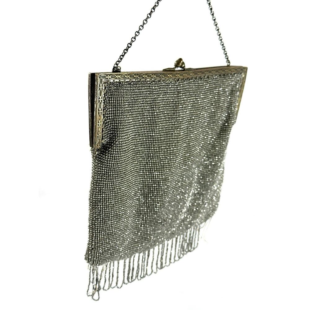 Antique Art Deco Silver Tone Mesh Evening Purse Beaded Fringe Chain Handle 1920s - Picture 4 of 11